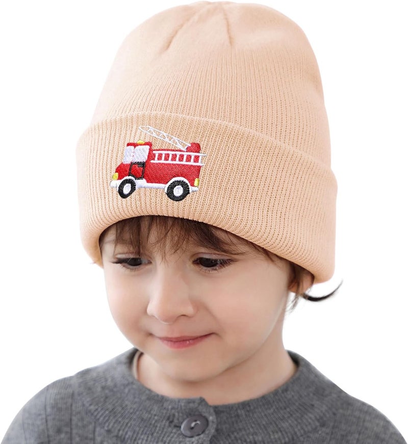 KDVOG Store Kids Knit Beanie Cute Fire Trucks Embroidery Warm Cuffed Skull Caps Classic Autumn Winter Hats for Boys Girls 3-8 Years - Image 2